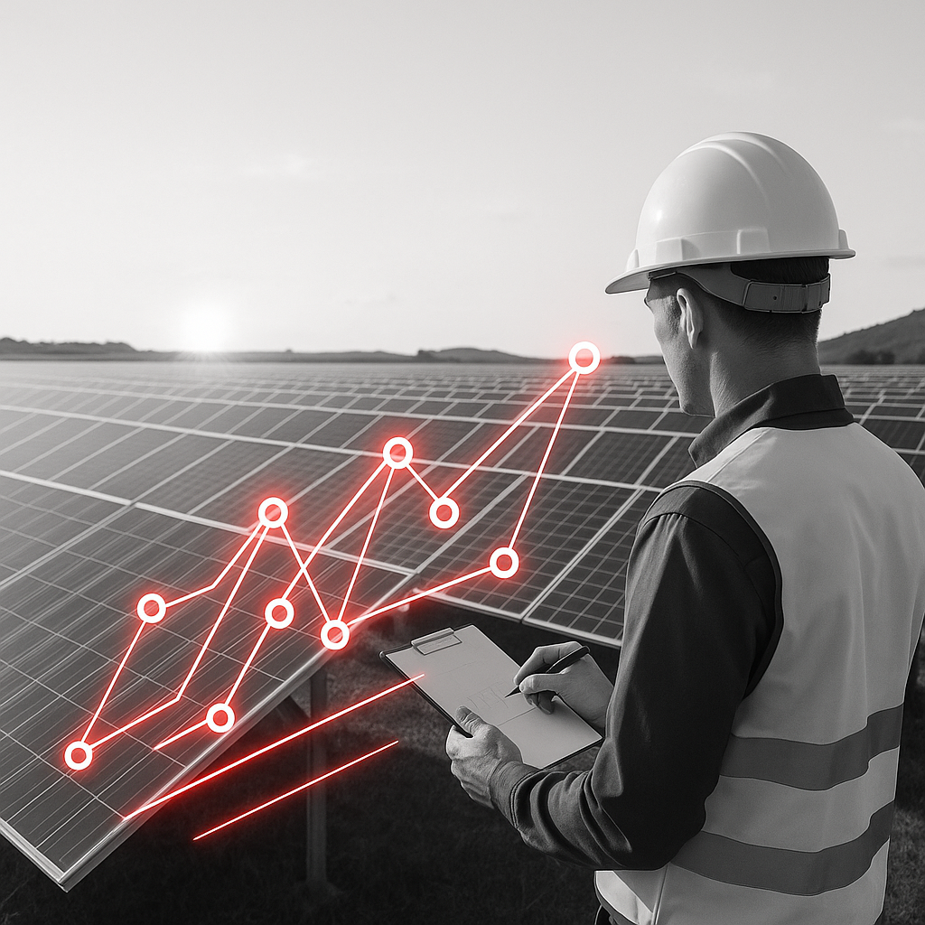 foto Auditoría de rendimiento. Se ve a una persona en un parque solar tomando notas con una gráfica de fondo.